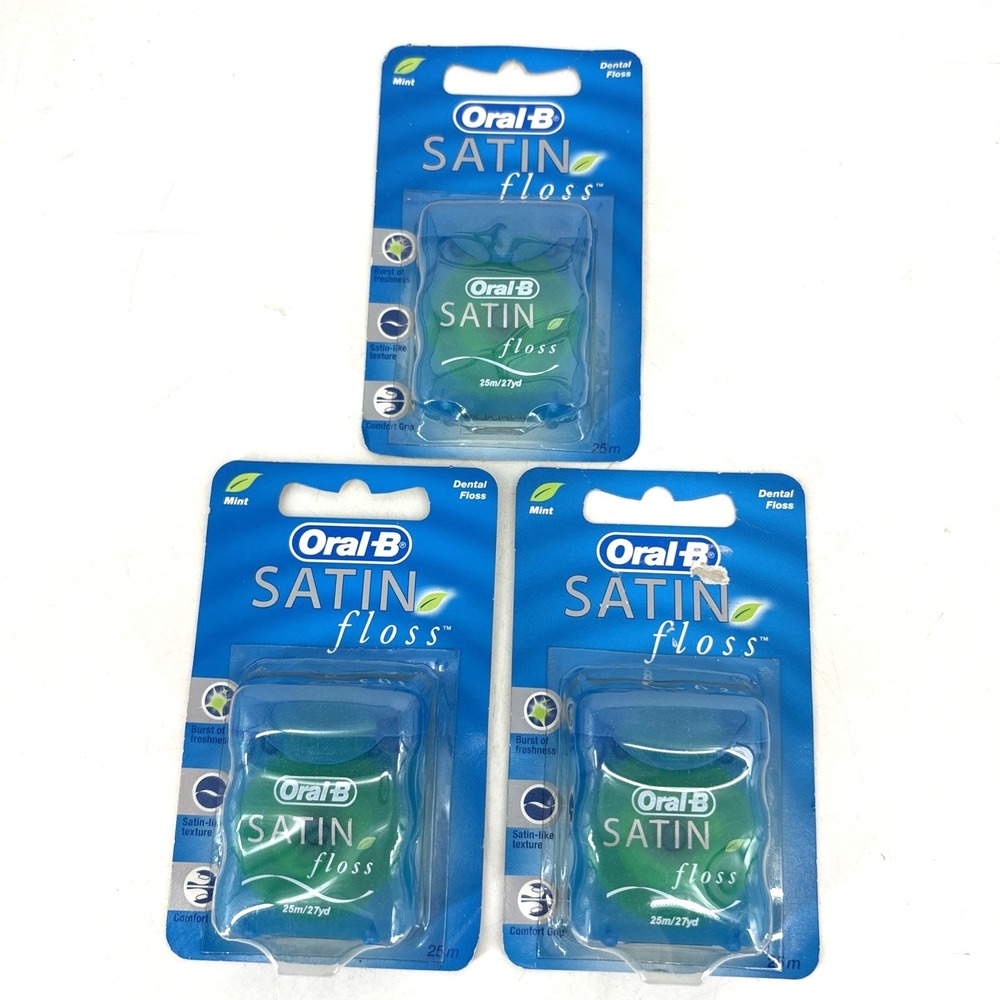Oral-B SATINfloss Mint 27 yard -‎ Old Style Pack Lot Of 3 Satin Floss New